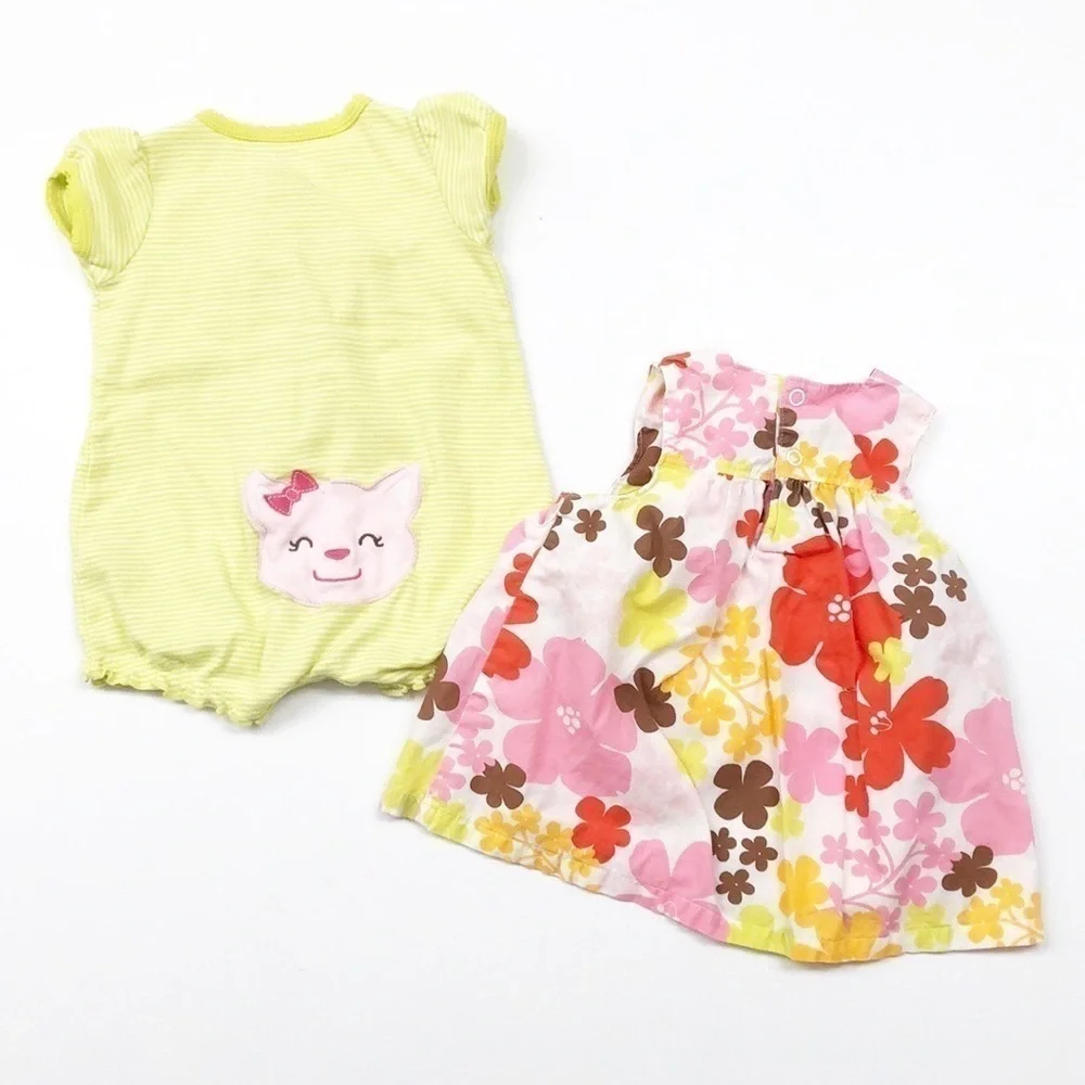 Carter's kitty lime romper + Carter's floral print baby girl dress
